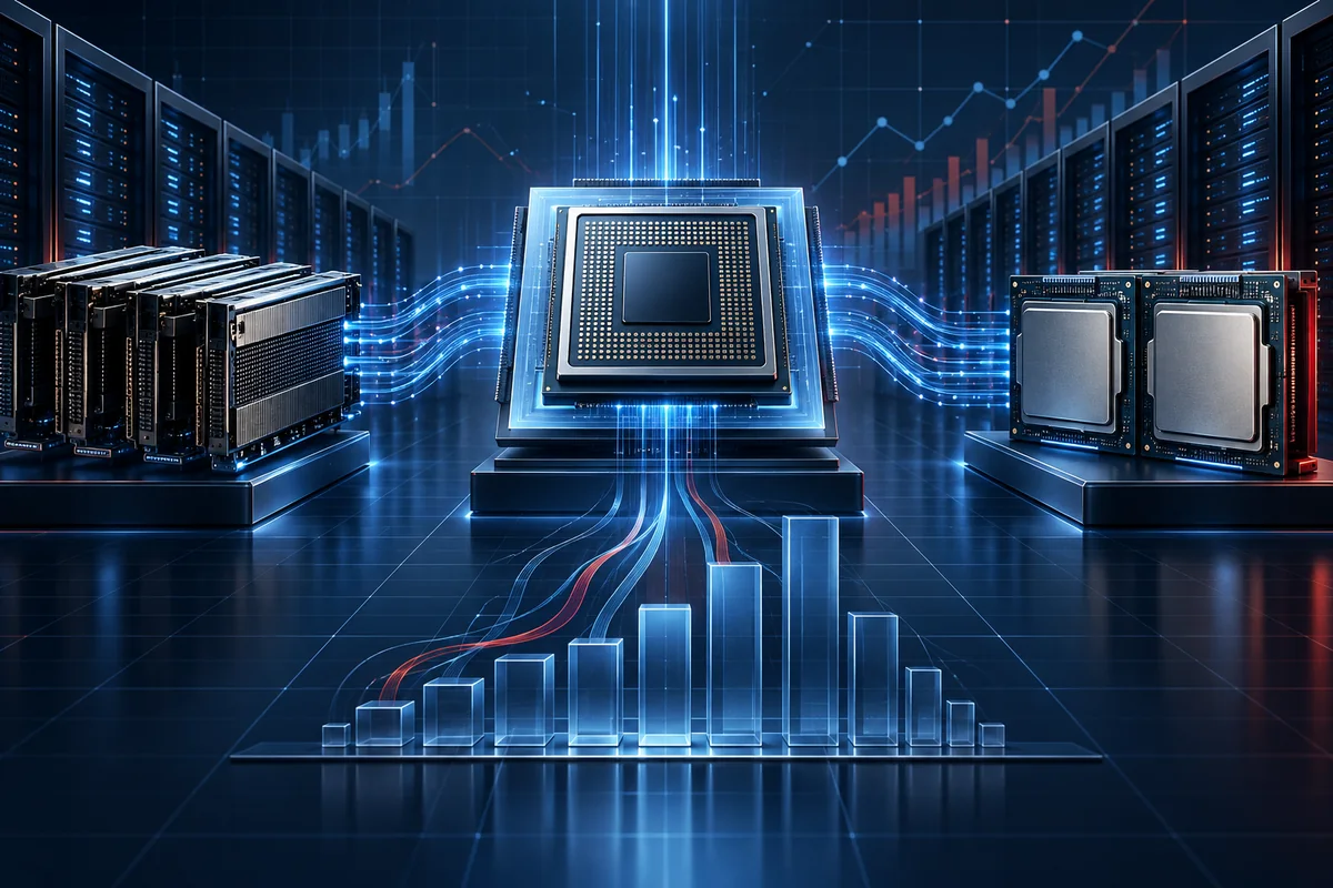Abstract AI data-center processors connected to servers and cash-flow bars