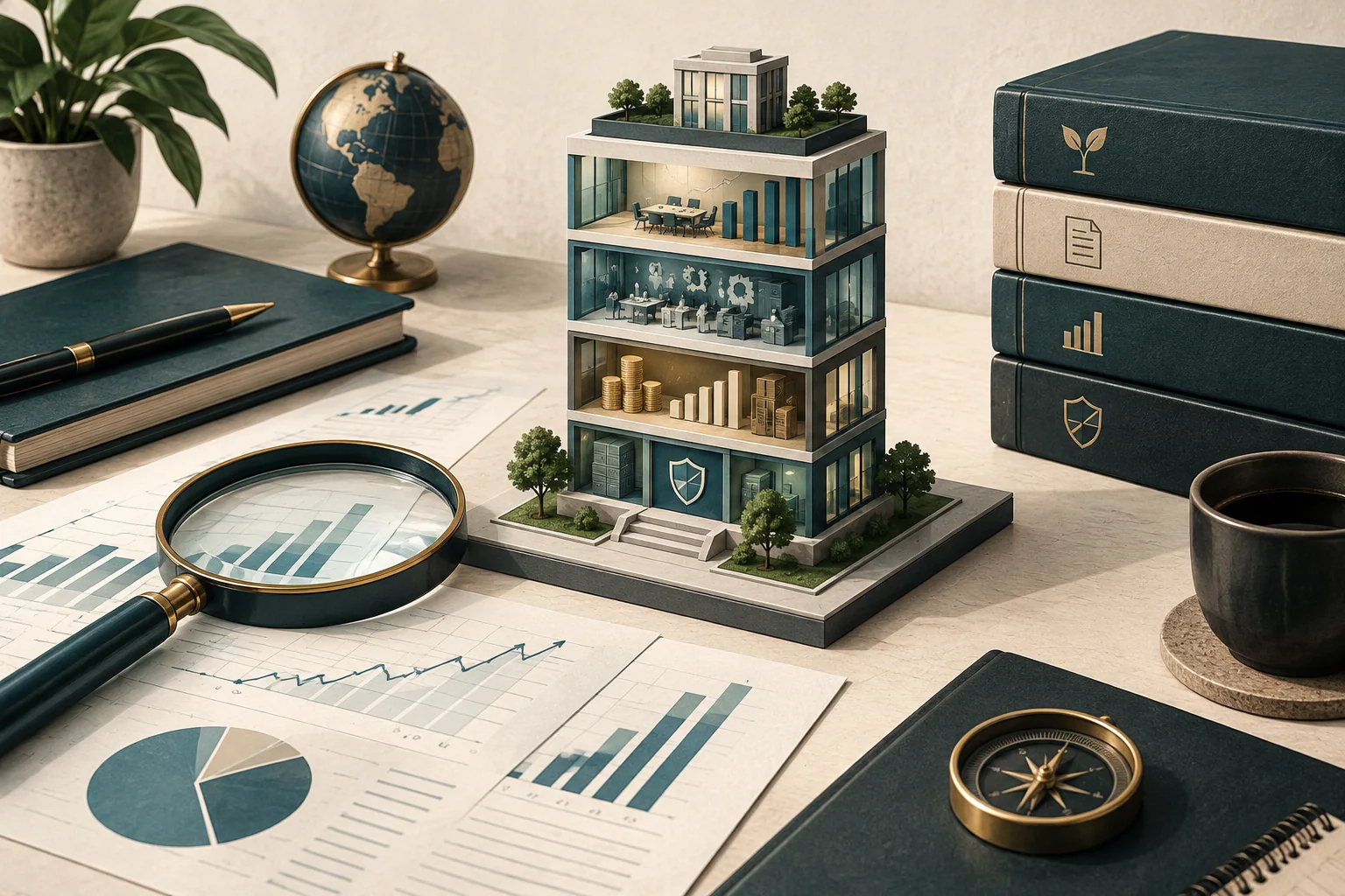 Fundamental stock analysis illustrated with financial charts, a magnifying glass, and a layered company model