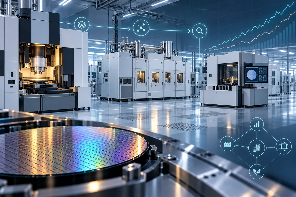 Semiconductor fabrication equipment, a silicon wafer, inspection systems and financial-analysis graphics illustrating equipment-stock analysis.