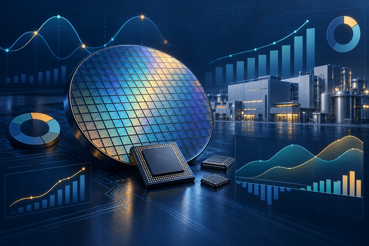 Semiconductor wafer, chips, fabrication plant, and analytical charts illustrating cycle, margin, CapEx, and cash-flow analysis.