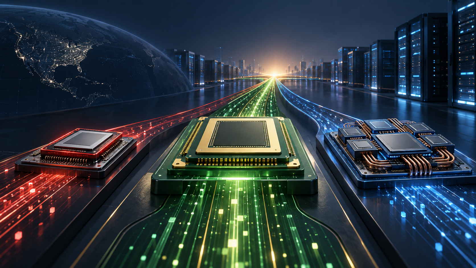 Three abstract semiconductor pathways representing NVIDIA, AMD, and Broadcom AI strategies.