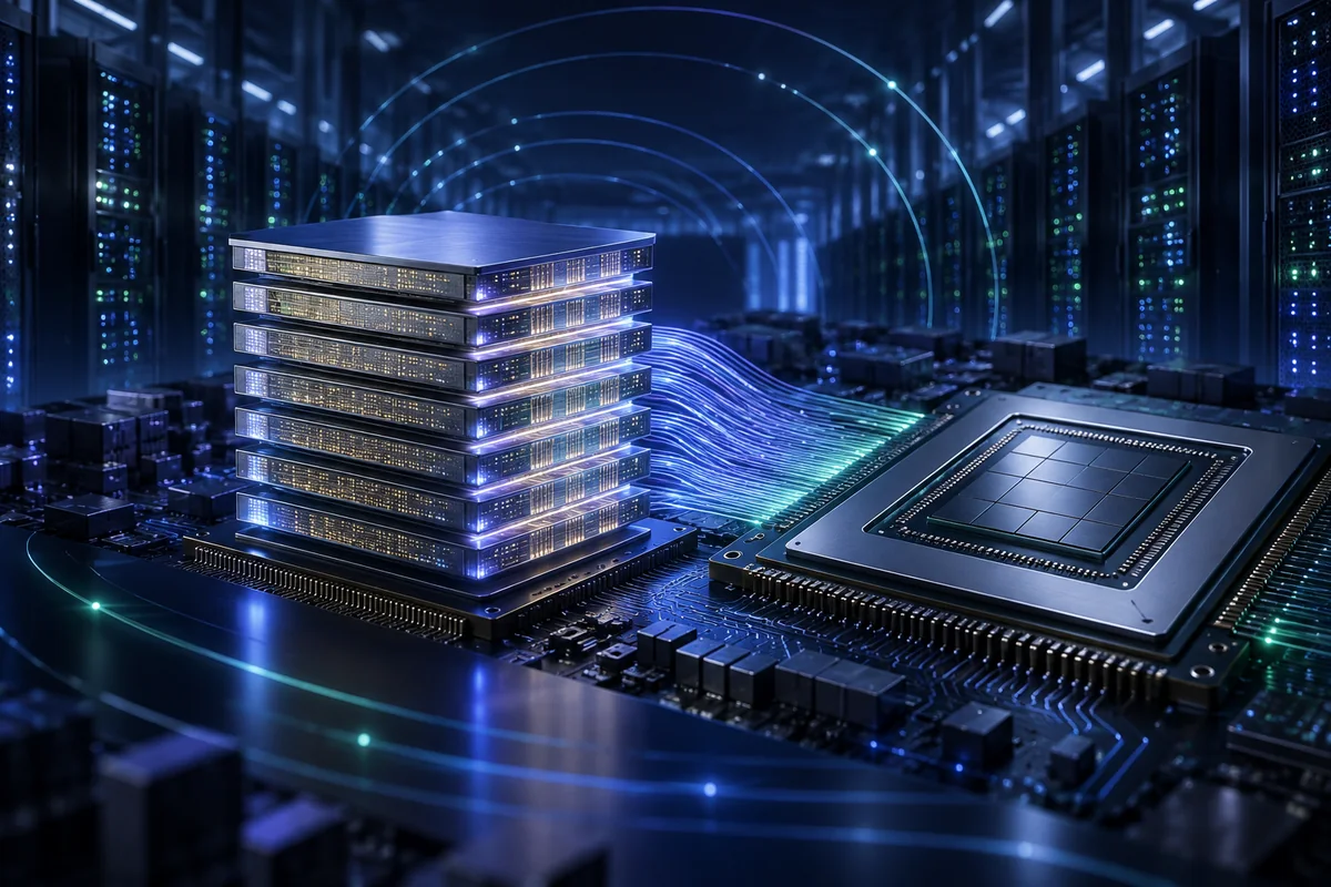 Stacked high-bandwidth memory beside an AI accelerator in a data center