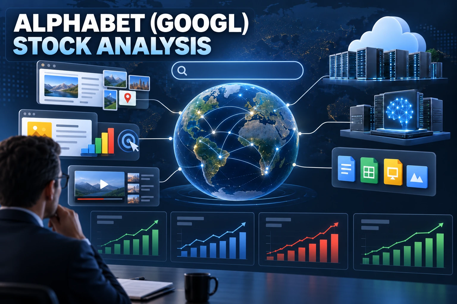 Alphabet (GOOGL) stock analysis covering Search, Cloud, AI investment, cash flow, and risks