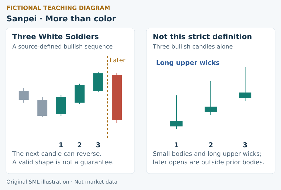 Fictional Three White Soldiers after a decline have long rising bodies, nested opens and small upper wicks, then reverse; another three-green sequence fails the selected definition.
