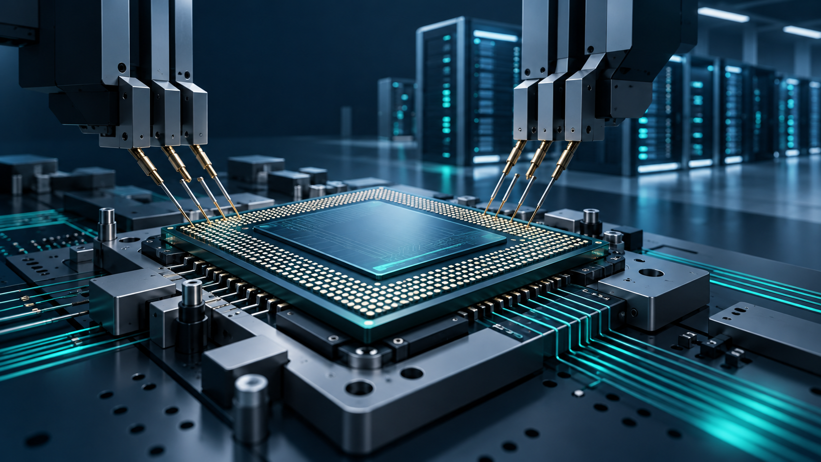 Conceptual illustration of an AI semiconductor package under test, with probe contacts, circuit traces and data-center racks. Not a photograph of an Advantest product.
