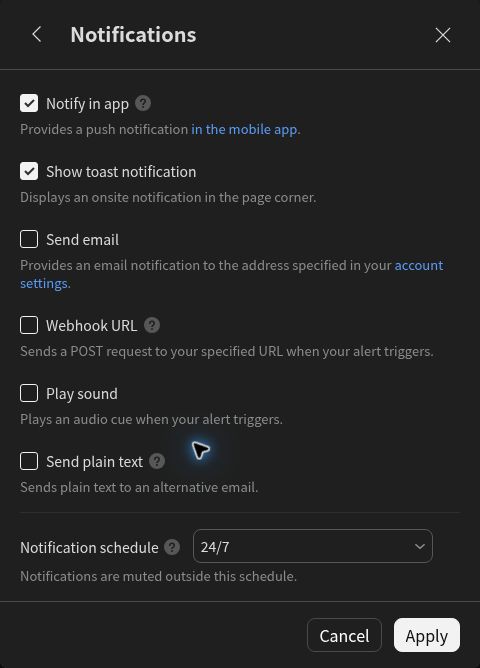 TradingView Notifications panel showing app and onsite toast notifications checked, email, webhook, sound, and plain-text options unchecked, a 24/7 schedule, and Cancel and Apply buttons.