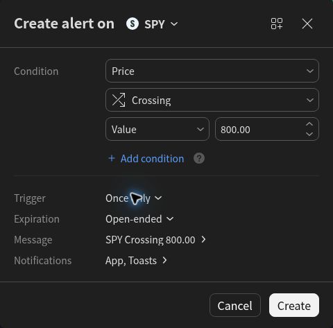 TradingView Create alert on SPY dialog with Price, Crossing, Value 800.00, Once only, Open-ended expiration, and Cancel and Create buttons.