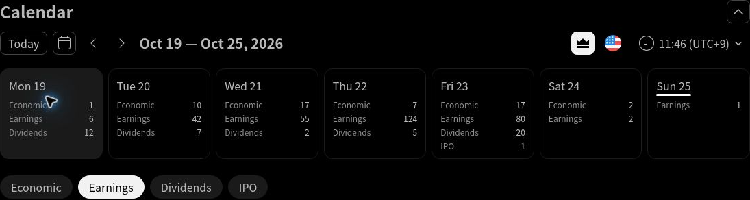 TradingView Calendar controls showing Today, the week selector and arrows, the October 19–25, 2026 week, country and timezone controls, and the selected Earnings tab.