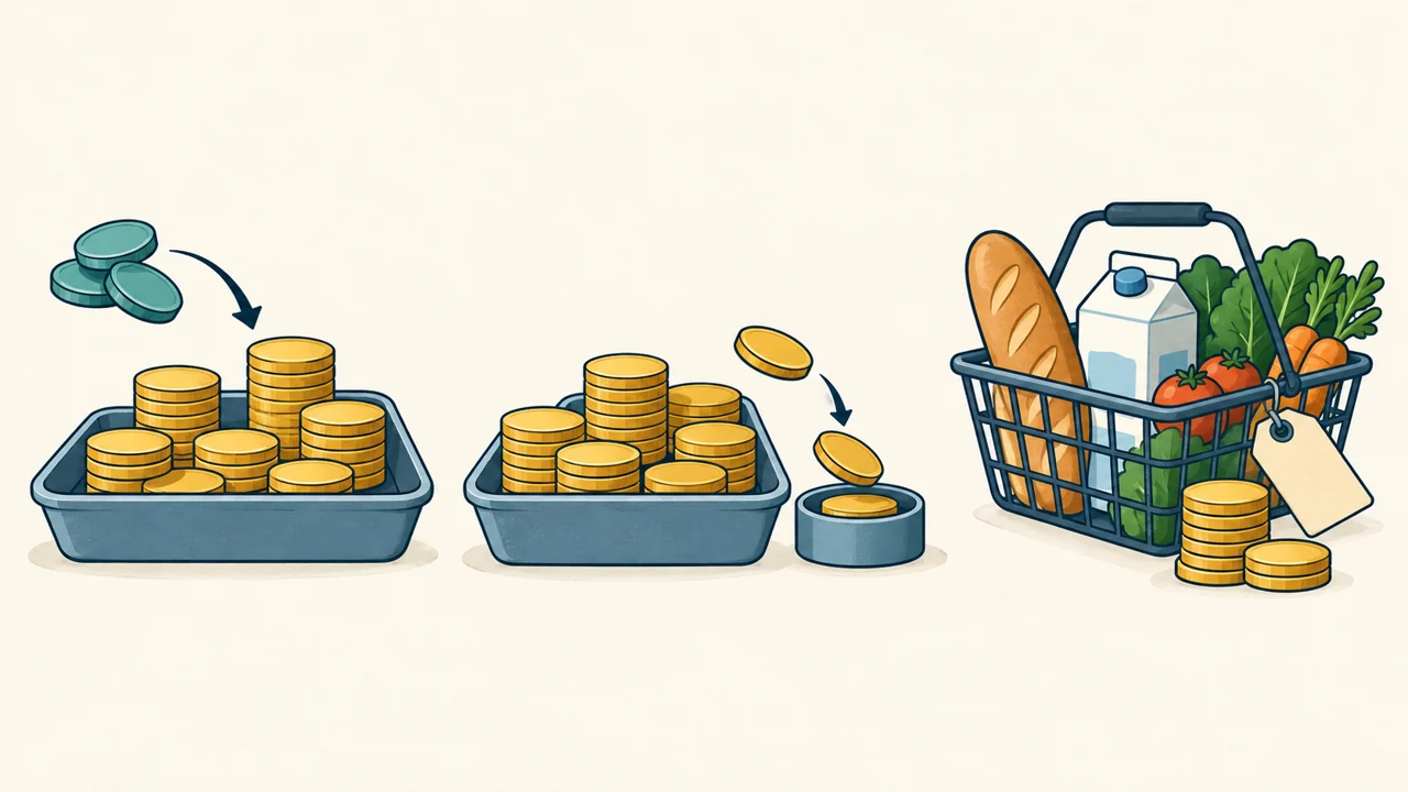 Retained returns join an invested balance; fees remove coins; a separate money pile sits beside a basket of everyday goods.