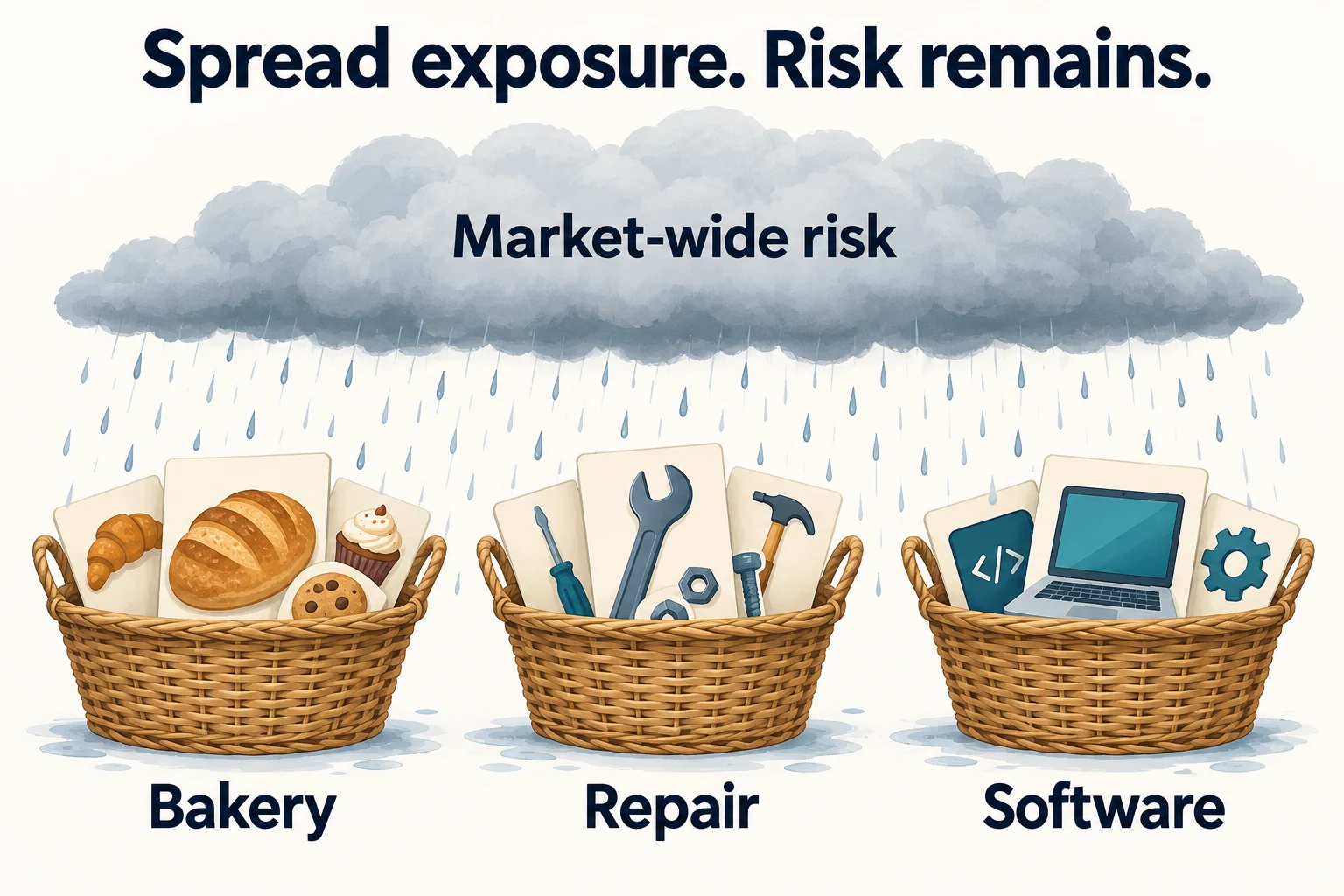 Bakery, repair, and software business exposures in separate baskets under the same market-wide risk cloud.