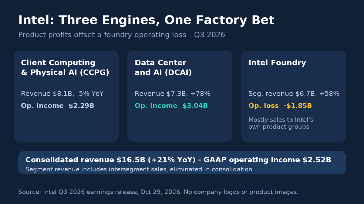 Intel Q3 2026: CCPG revenue $8.1 billion, down 5%, and operating income $2.29 billion; DCAI revenue $7.3 billion, up 78%, and operating income $3.04 billion; Foundry segment revenue $6.7 billion, up 58%, and operating loss $1.85 billion. Consolidated revenue was $16.5 billion, up 21%, after eliminations.