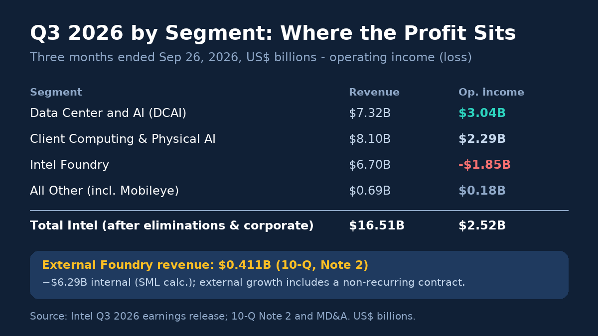 Q3 2026 segment revenue and operating income in US$ billions: DCAI 7.32 and 3.04; CCPG 8.10 and 2.29; Foundry 6.70 and minus 1.85; All Other 0.69 and 0.18. Consolidated totals are 16.51 and 2.52. External Foundry revenue was $0.411 billion per 10-Q Note 2; approximately $6.29 billion was internal, an SML calculation. External growth included a non-recurring contract.
