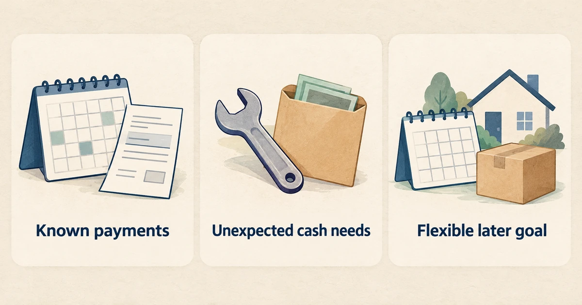 A calendar and bill, an unexpected repair symbol, and a flexible later goal illustrate three different cash needs.