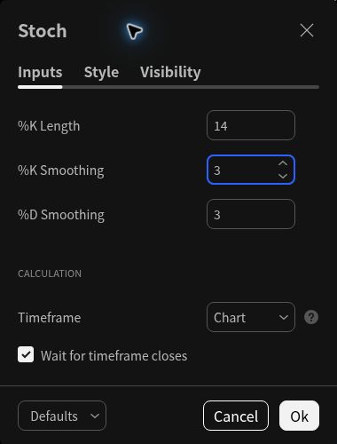 TradingView Stochastic Inputs: K Length 14, K Smoothing 3, D Smoothing 3, Timeframe Chart, and Wait for timeframe closes checked.