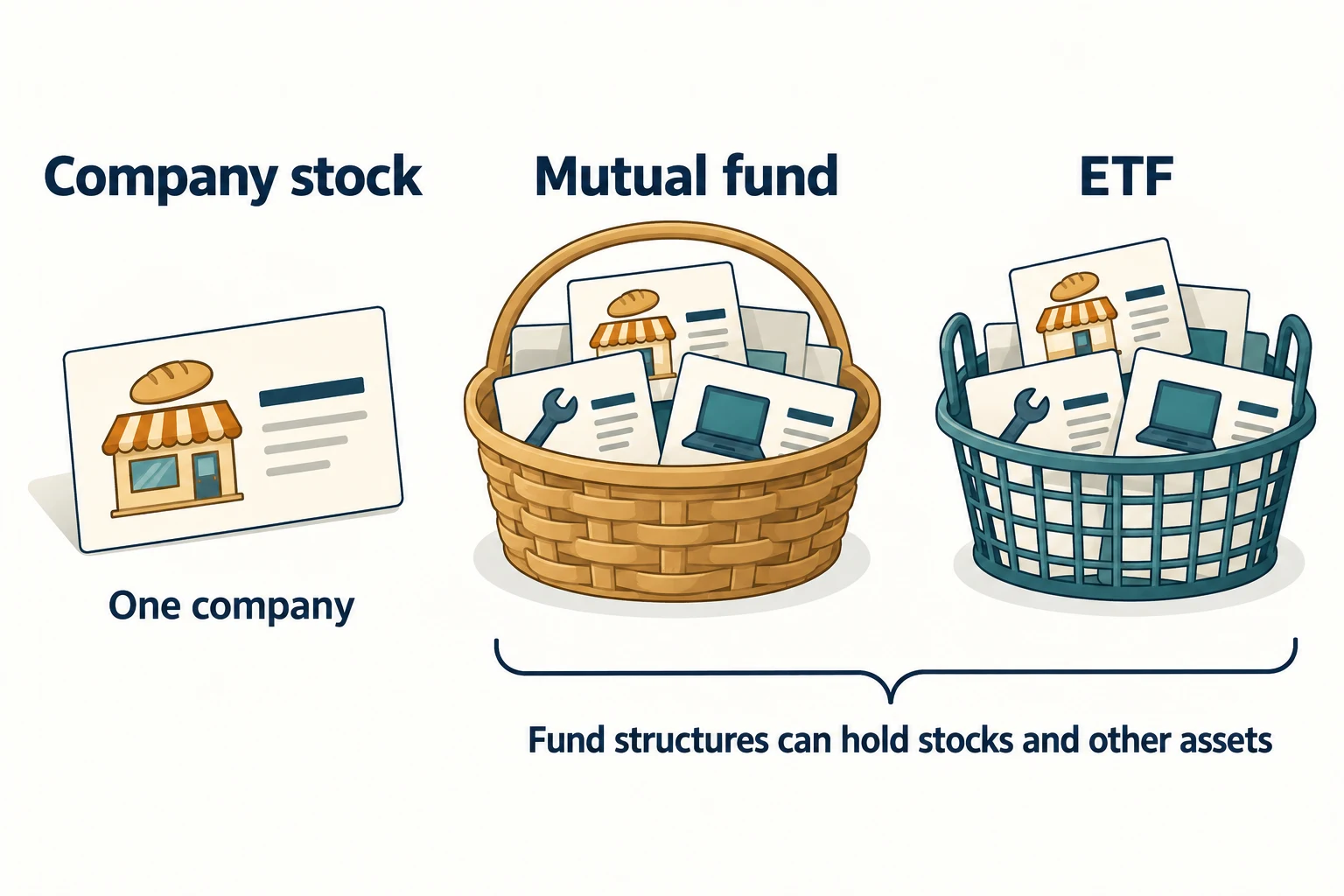 A company stock represents one business; mutual fund and ETF containers show examples of pooled business holdings.